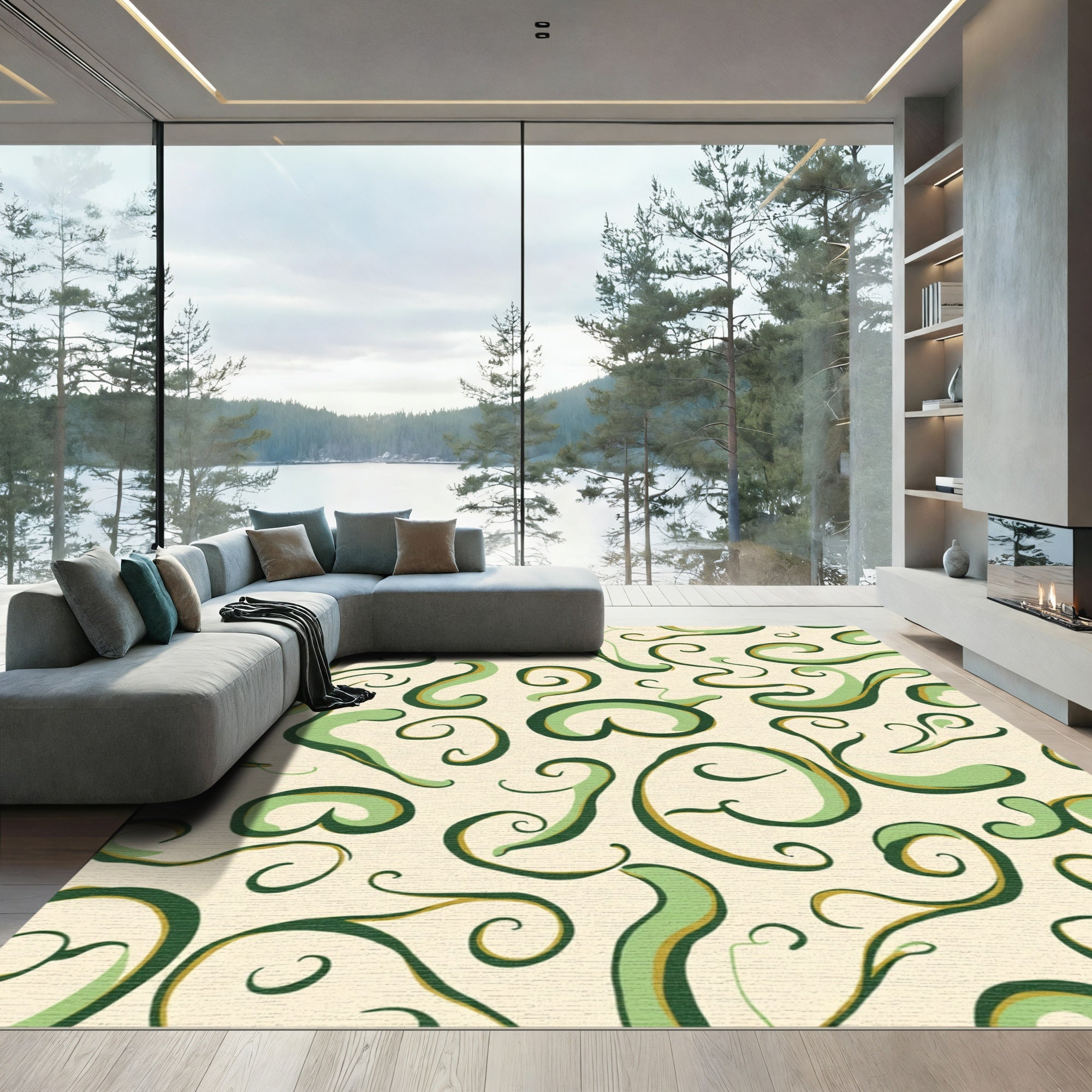 Cream Green Swirl Abstract Art Rug