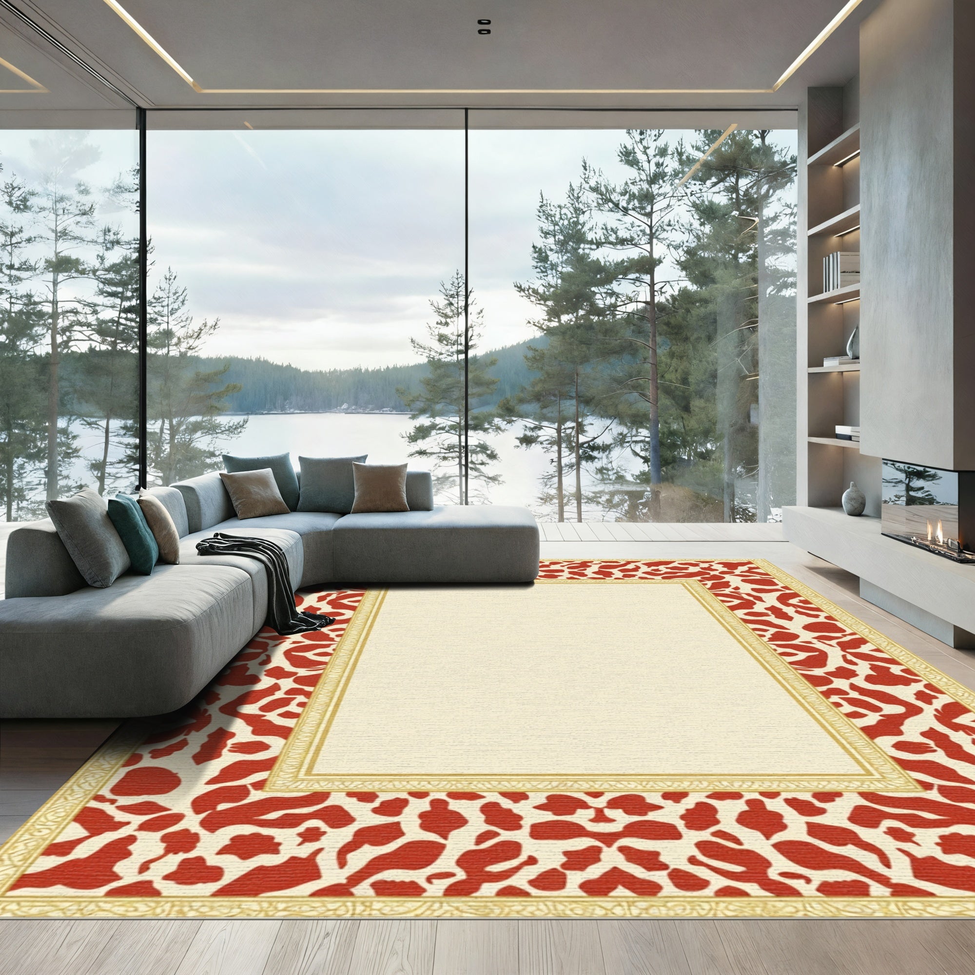 Crimson Abstract Border Cream Gold Frame Rug