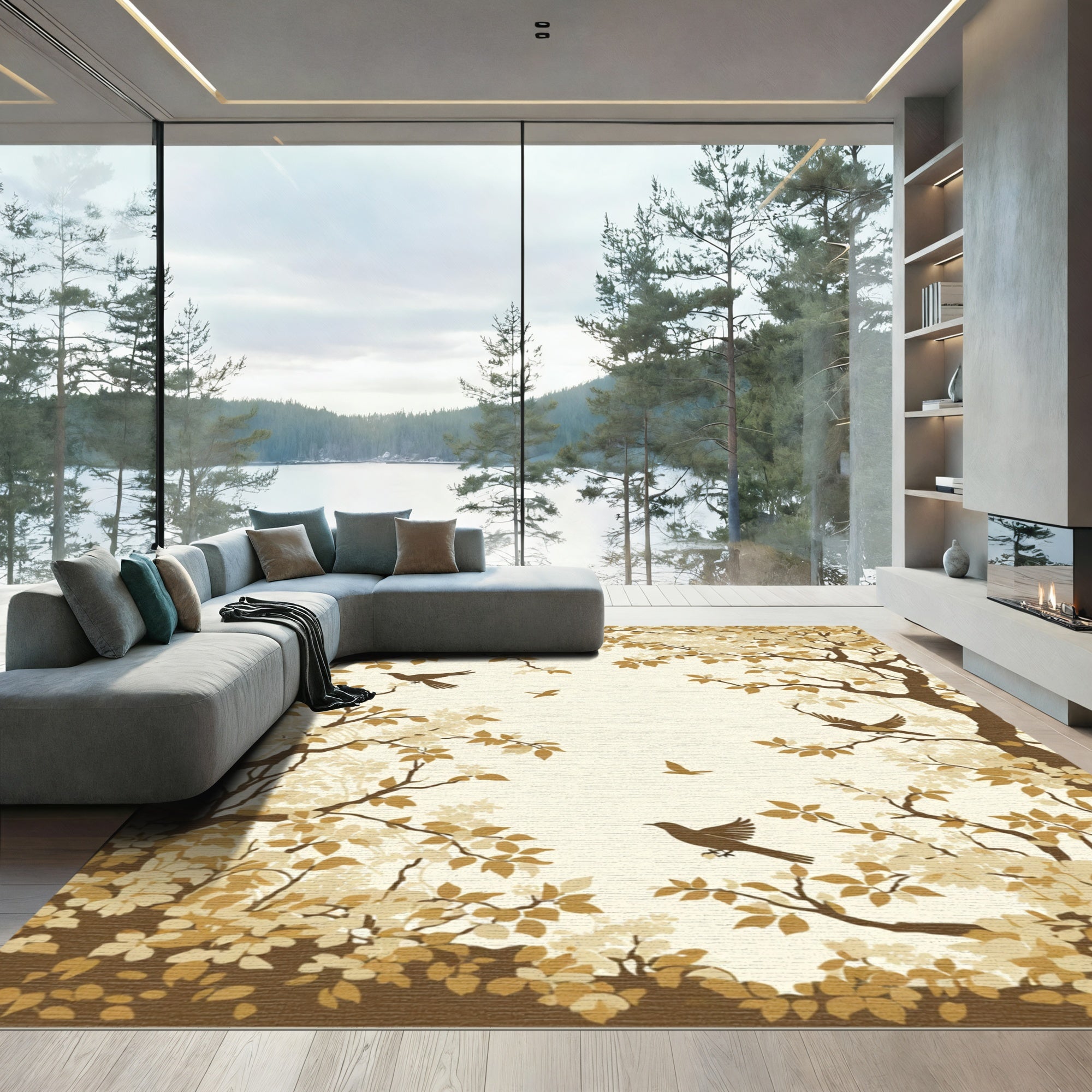 Golden Brown Autumn Birds Branch Scene Rug