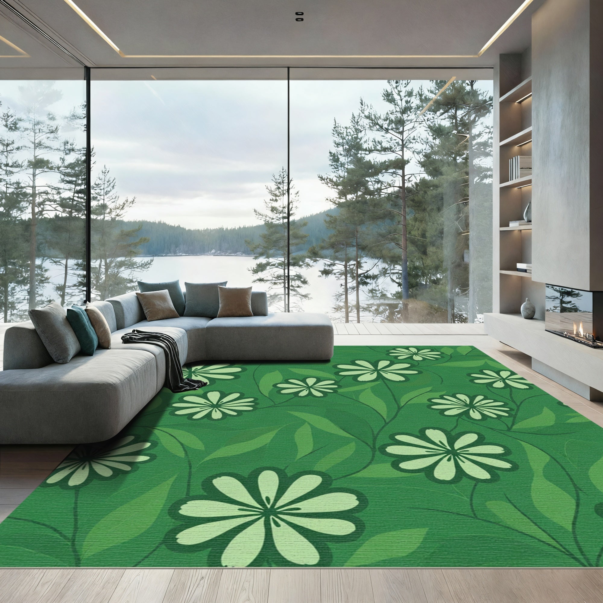 Emerald Green Floral Foliage Throw Rug