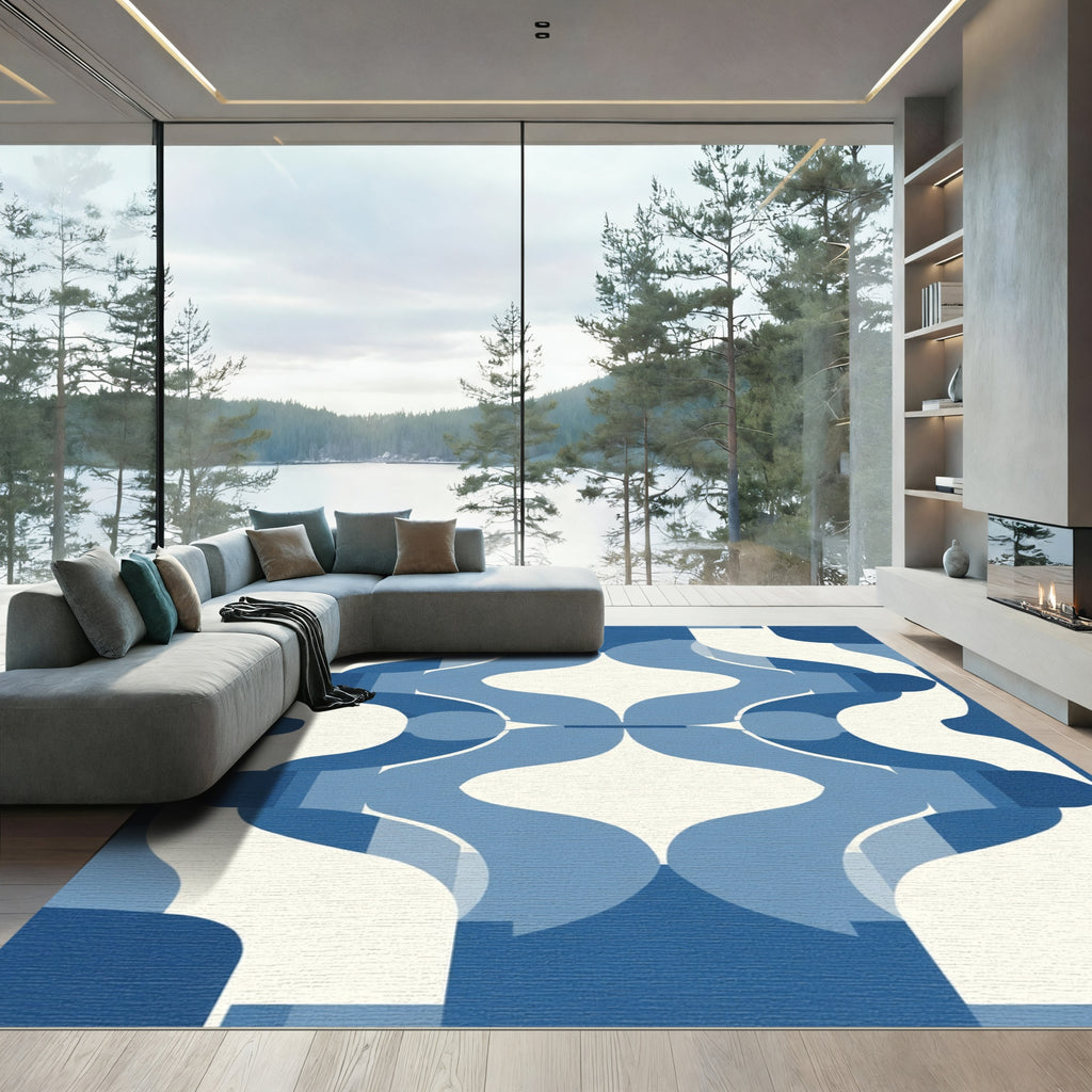Cool Blue Geometric MidCentury Flow Rug