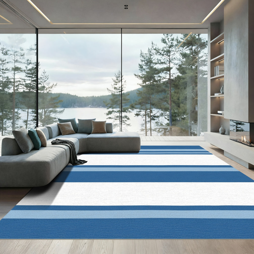 Modern Blue White Striped Rug