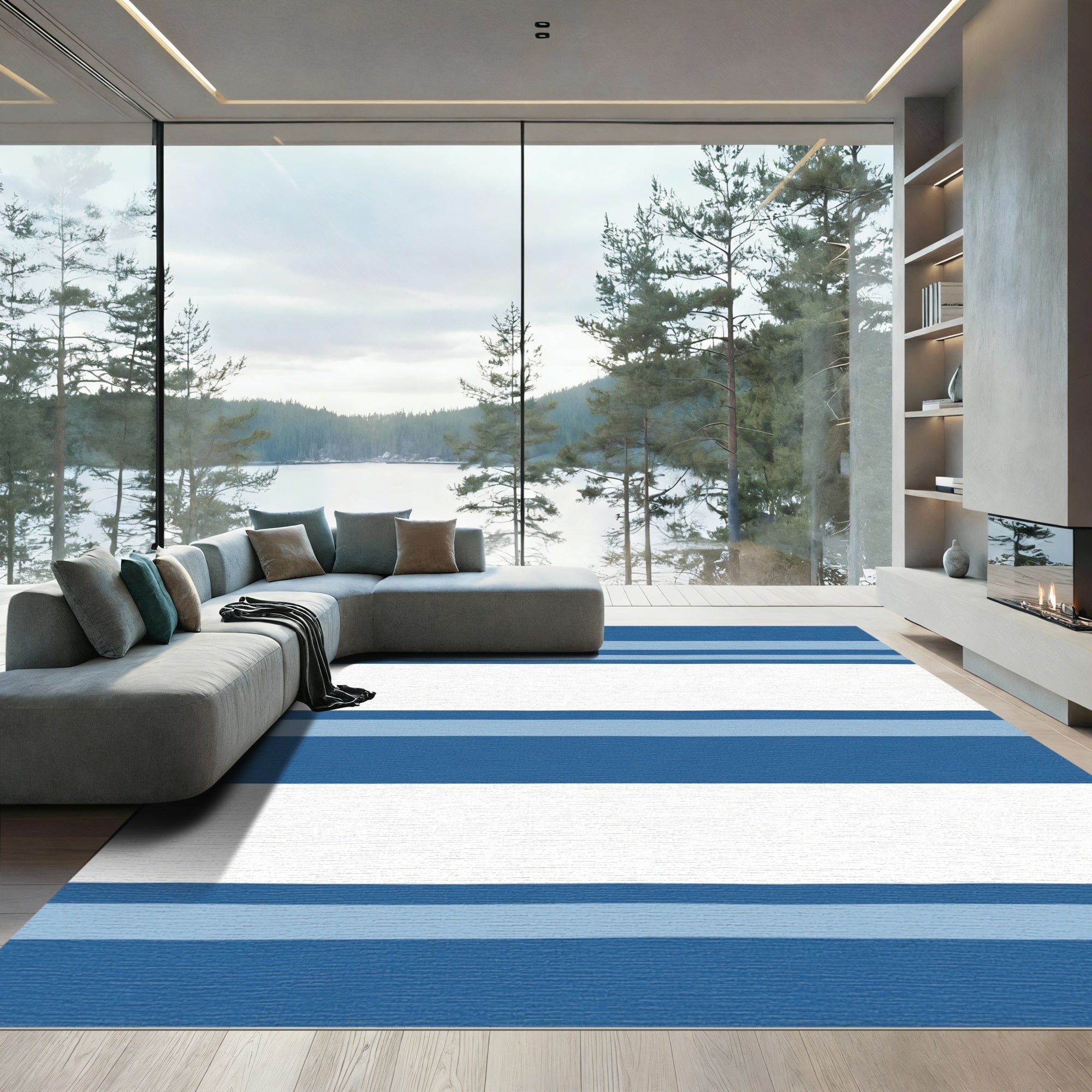 Modern Blue White Striped Rug