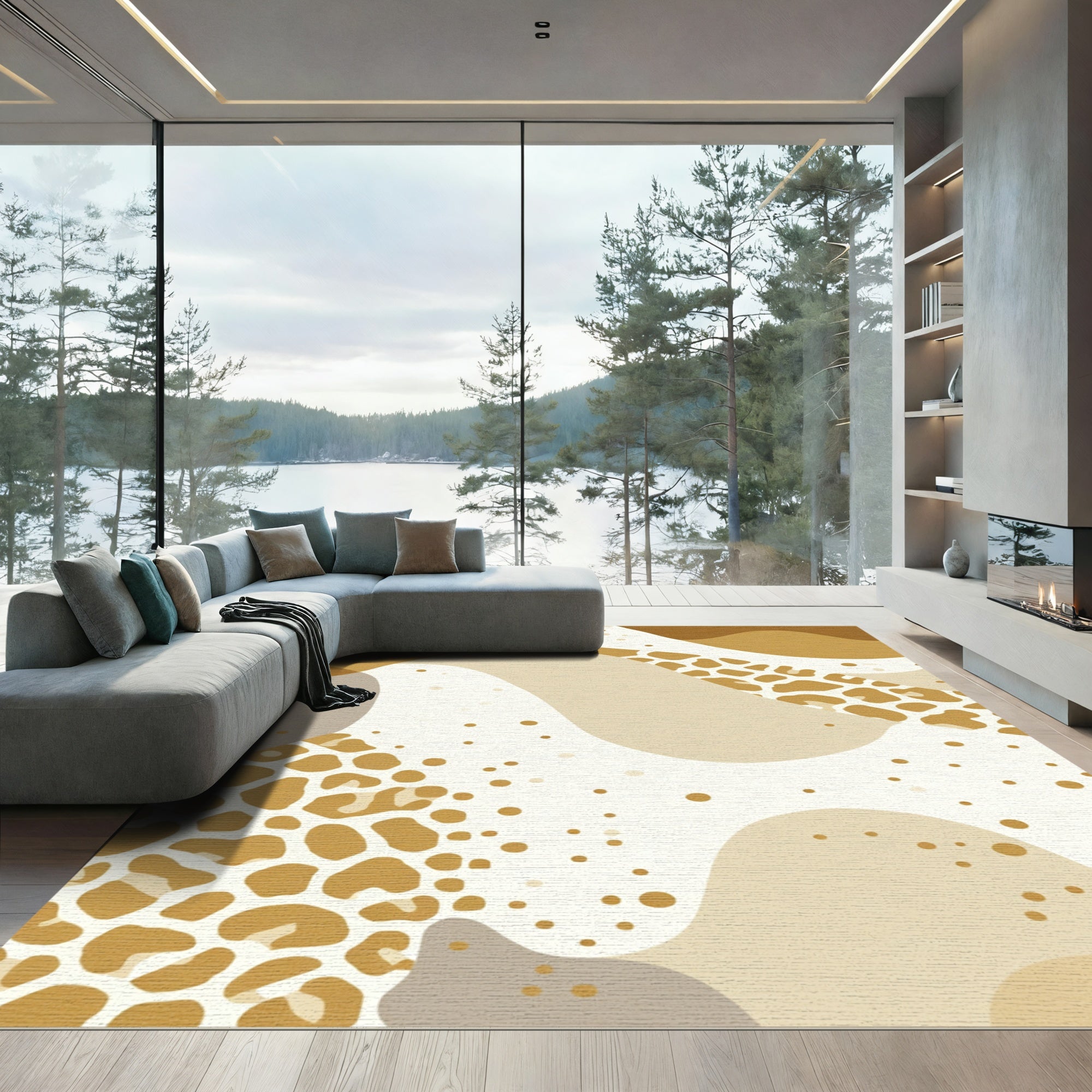 Golden Leopard Abstract Curve Rug