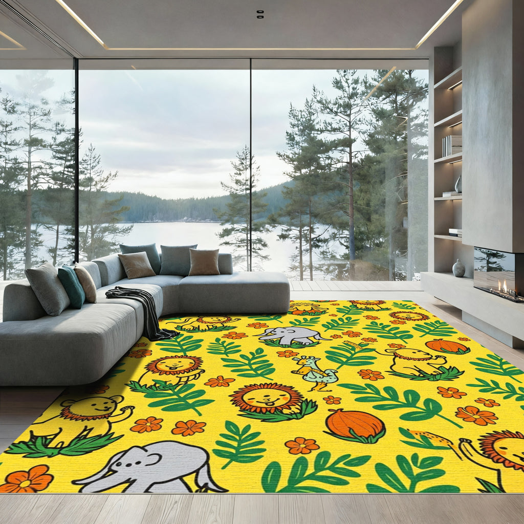 Happy Jungle Animals Floral Pattern Rug