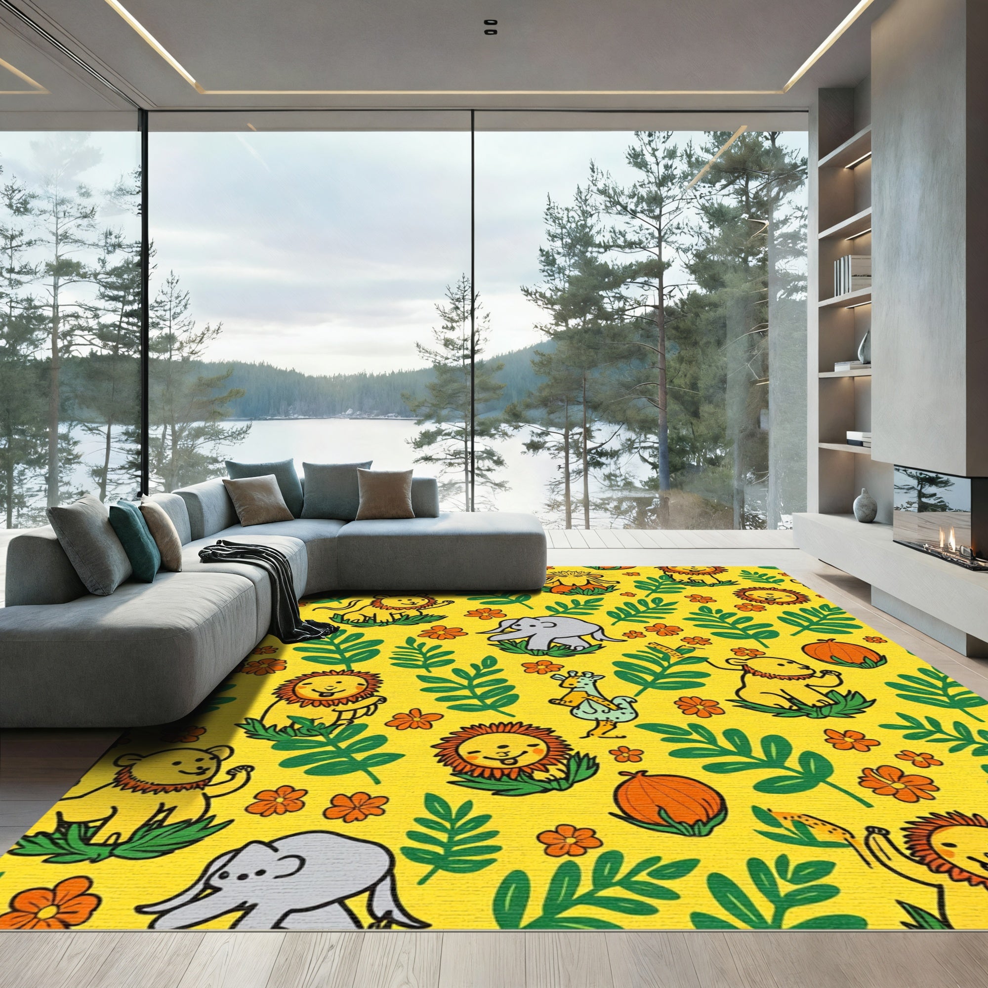 Happy Jungle Animals Floral Pattern Rug
