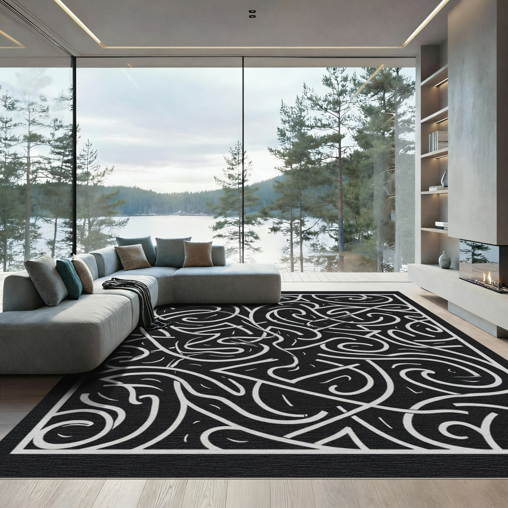 Black White Swirl Overlap Abstract Rug