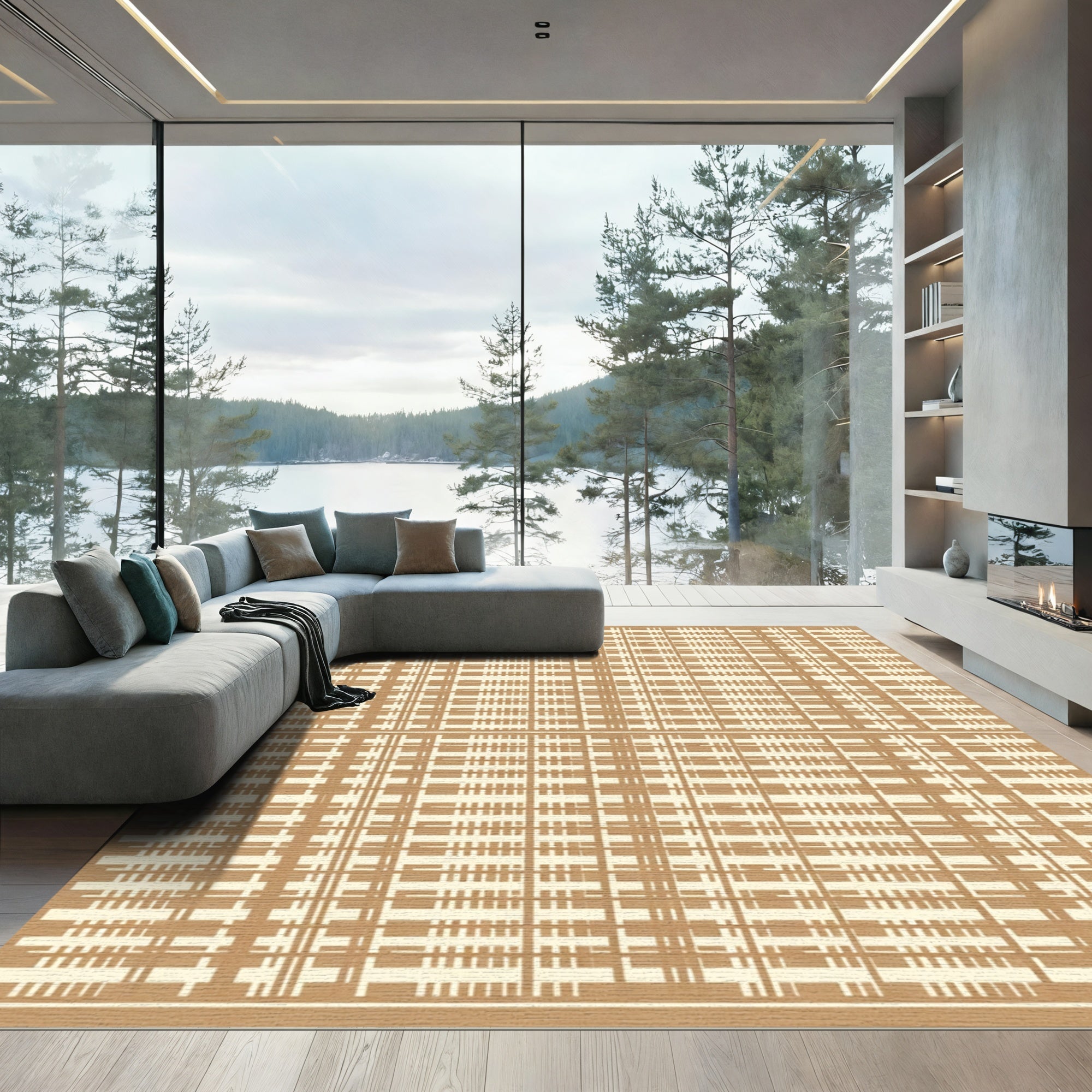 Caramel Cream Plaid Grid Rug