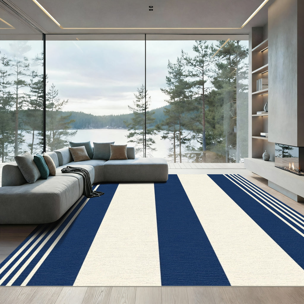 Navy Cream Wide Stripe Rug