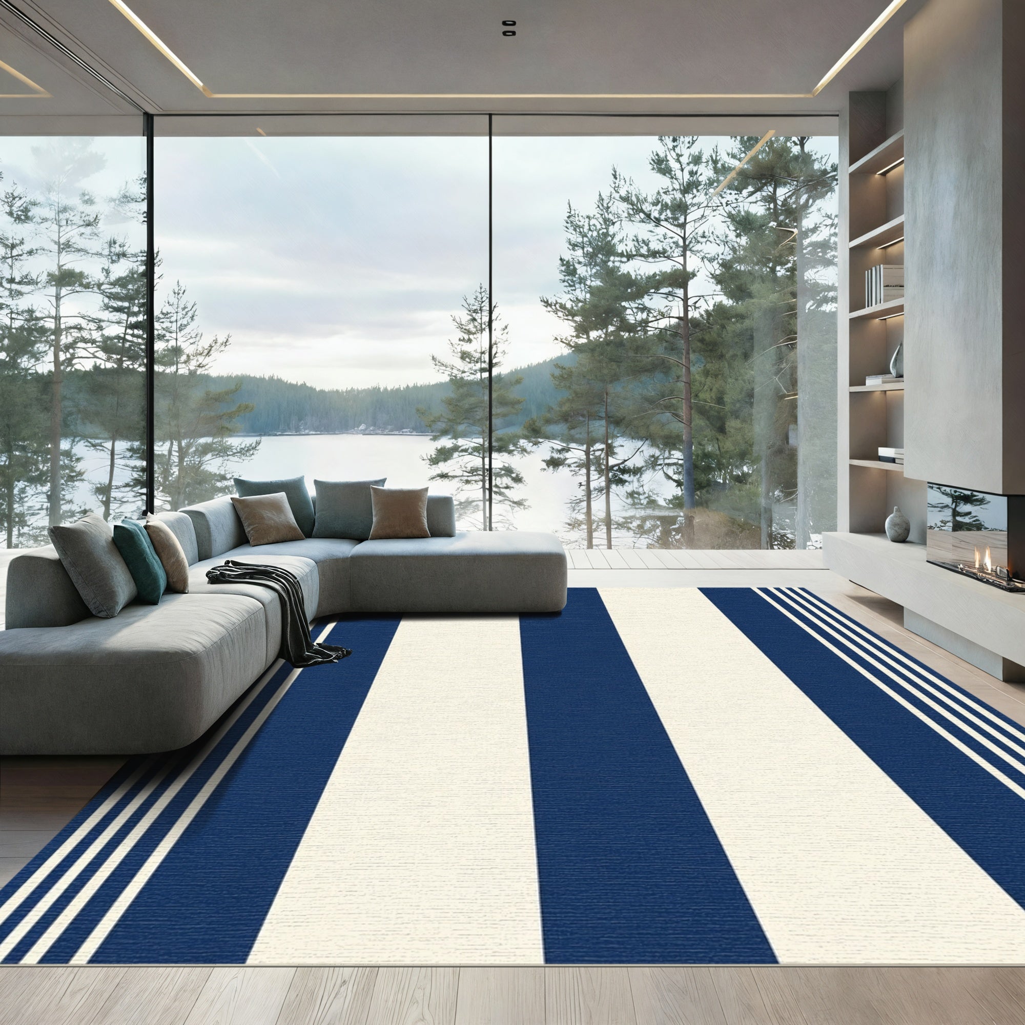 Navy Cream Wide Stripe Rug