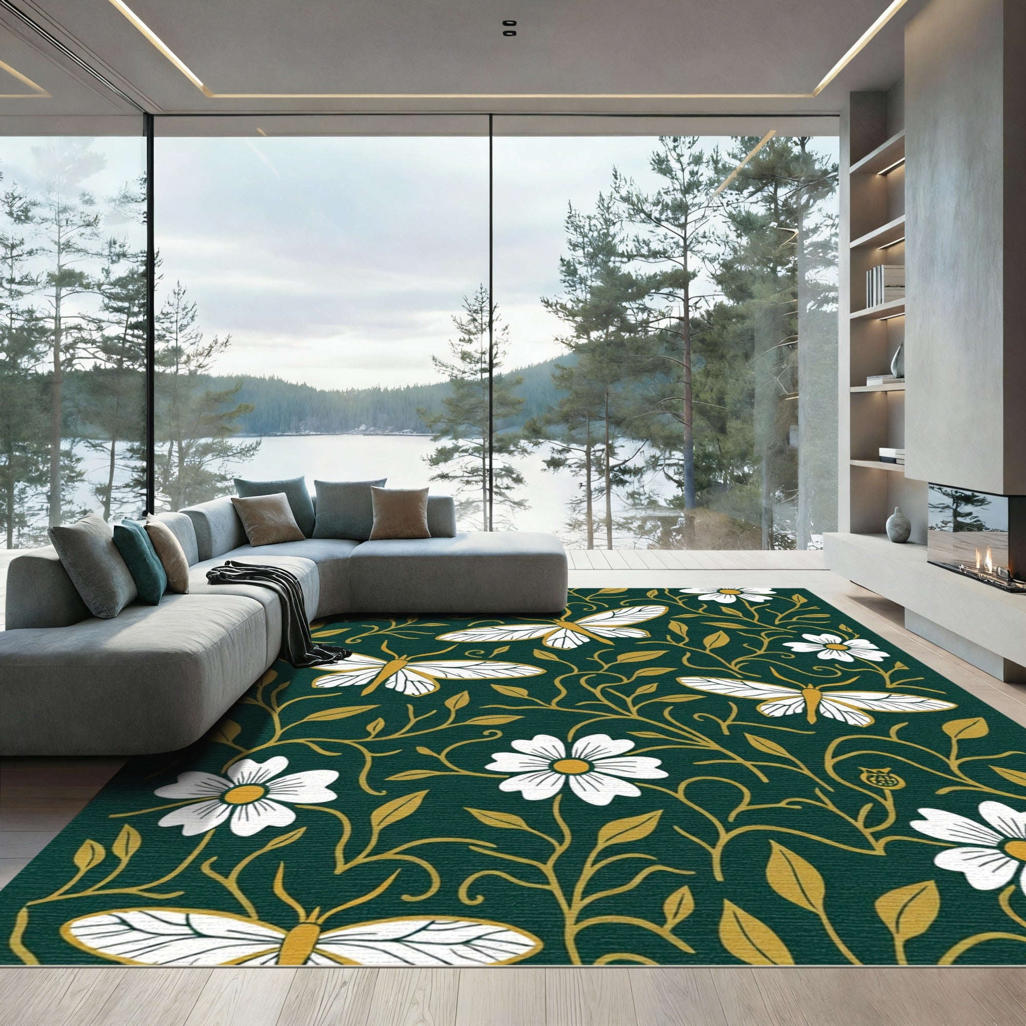 Emerald Gold Moth Floral Garden Rug