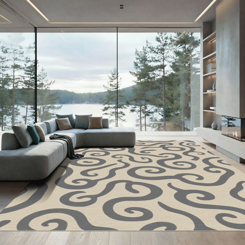 Cream Grey Swirls Organic Pattern Rug