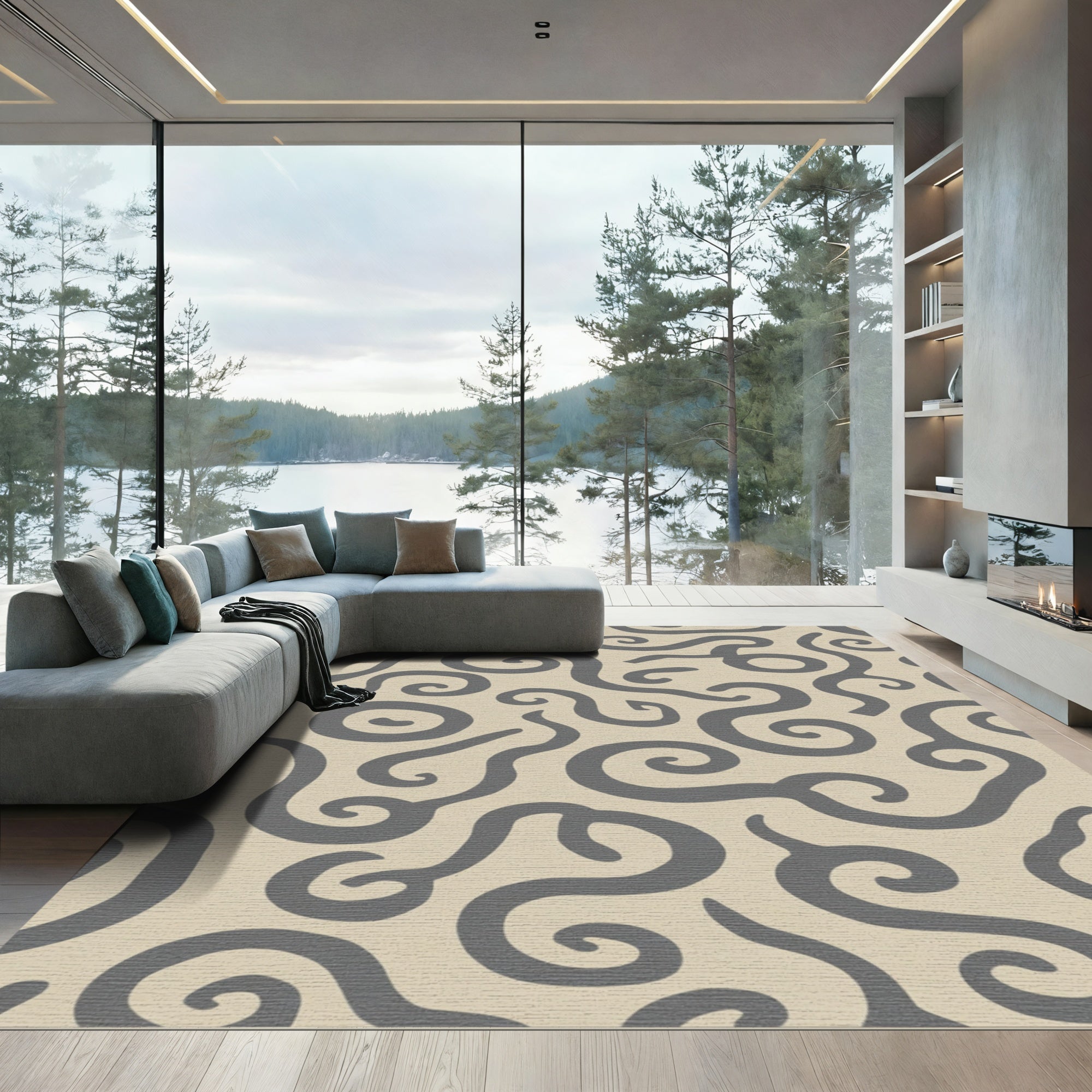 Cream Grey Swirls Organic Pattern Rug