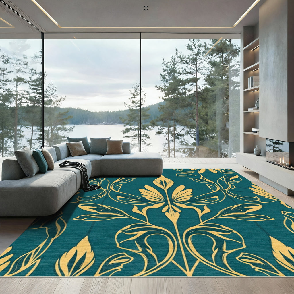 Deep Teal Golden Art Nouveau Foliage Rug
