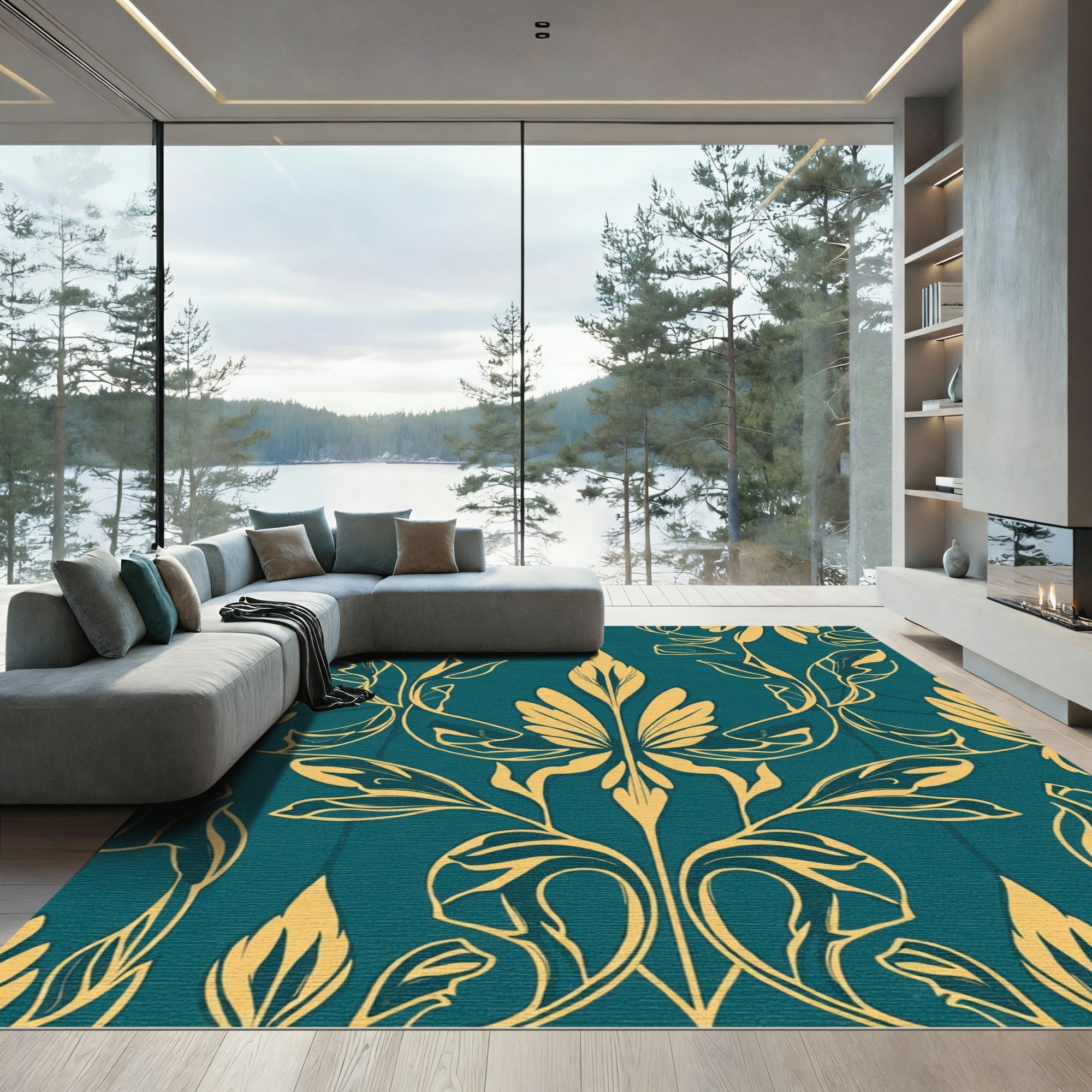 Deep Teal Golden Art Nouveau Foliage Rug