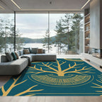 Teal Gold Stylized Tree Medallion Rug