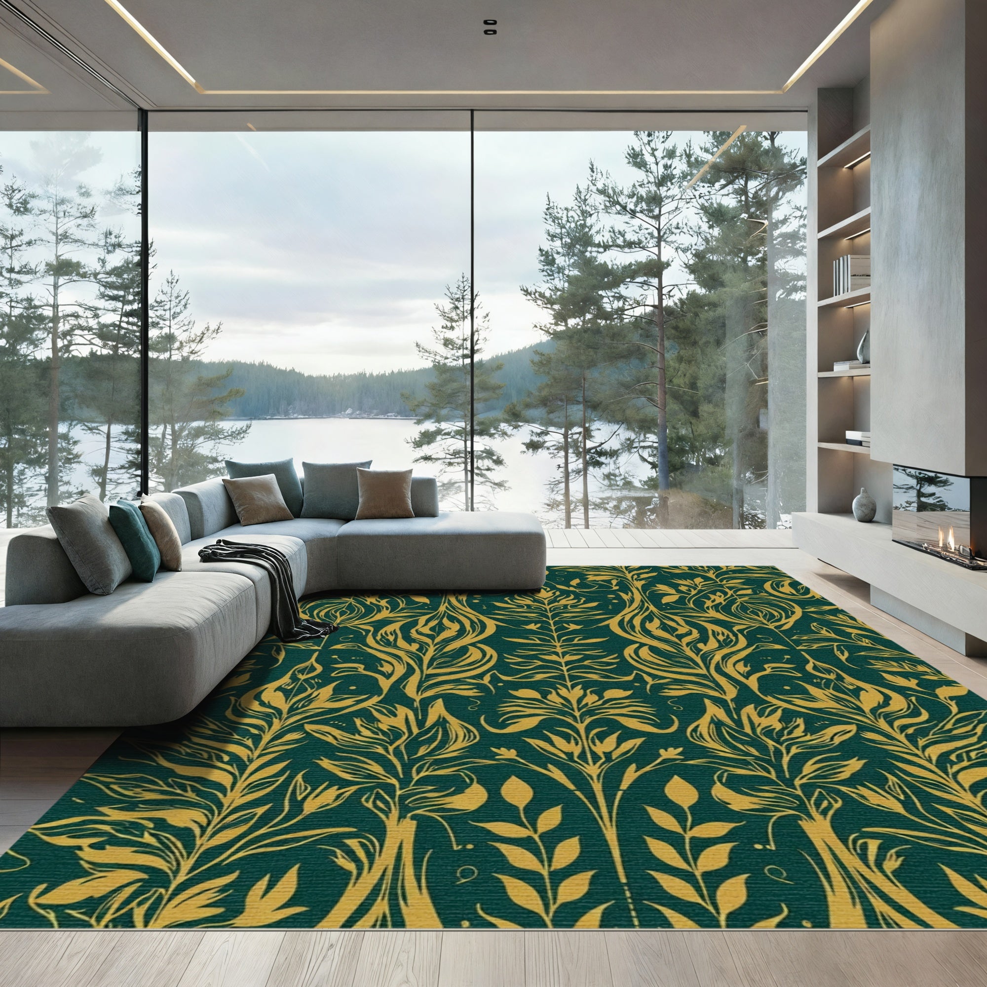 Emerald and Gold Floral Art Nouveau Rug