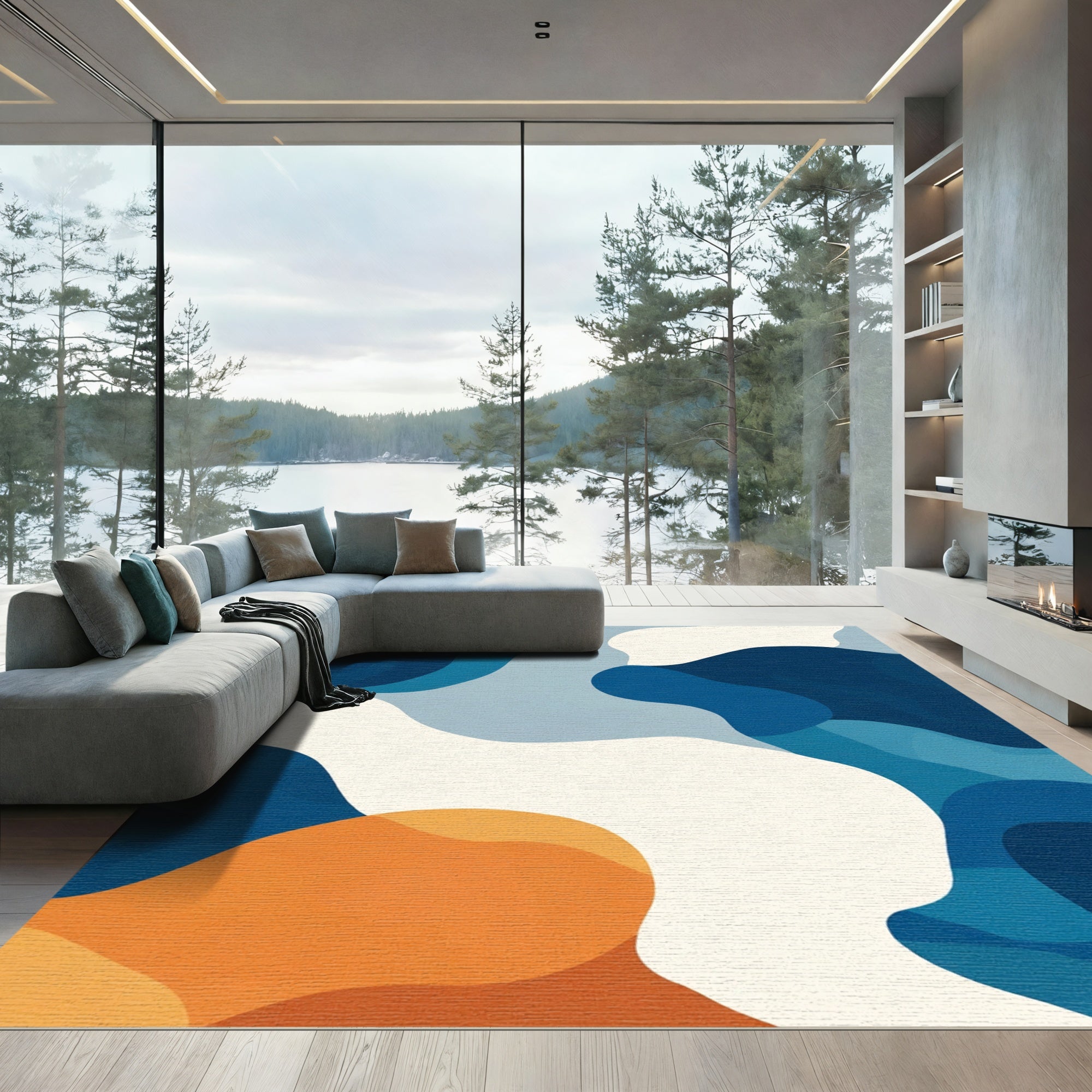 Modern Blue Abstract Organic Waves Rug