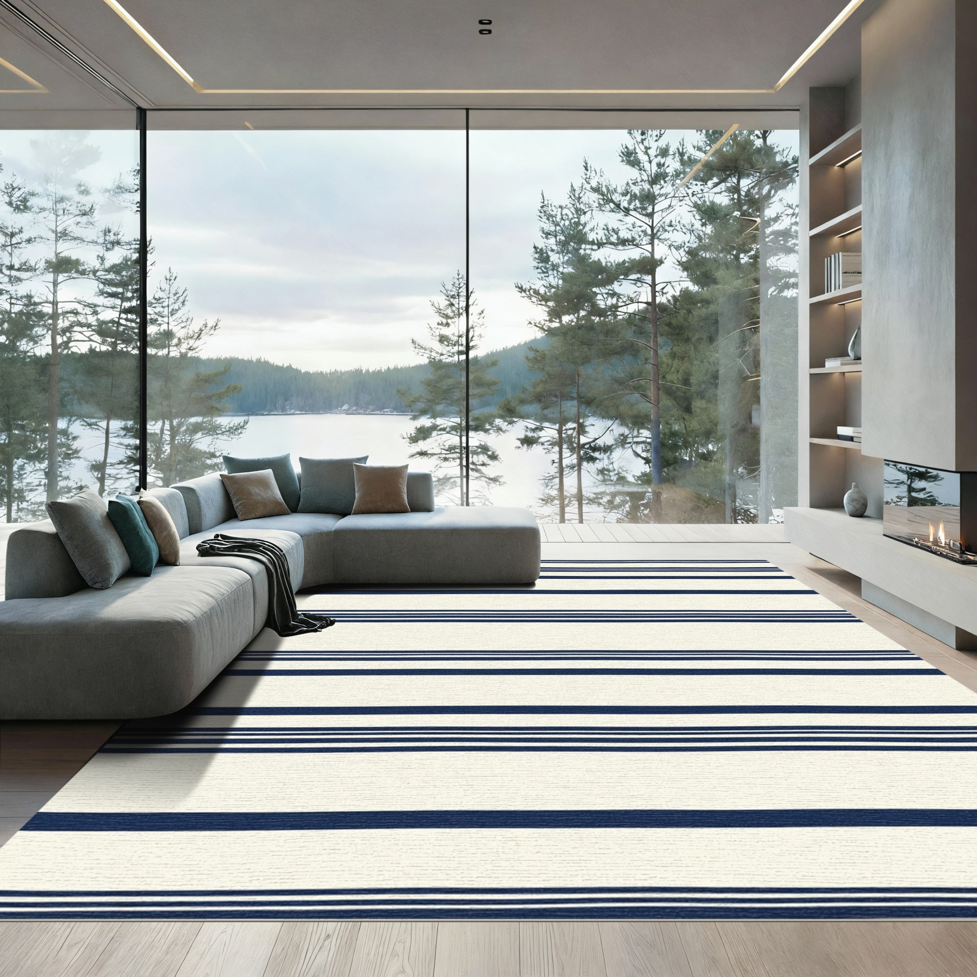 Navy Blue And Cream Striped Rug