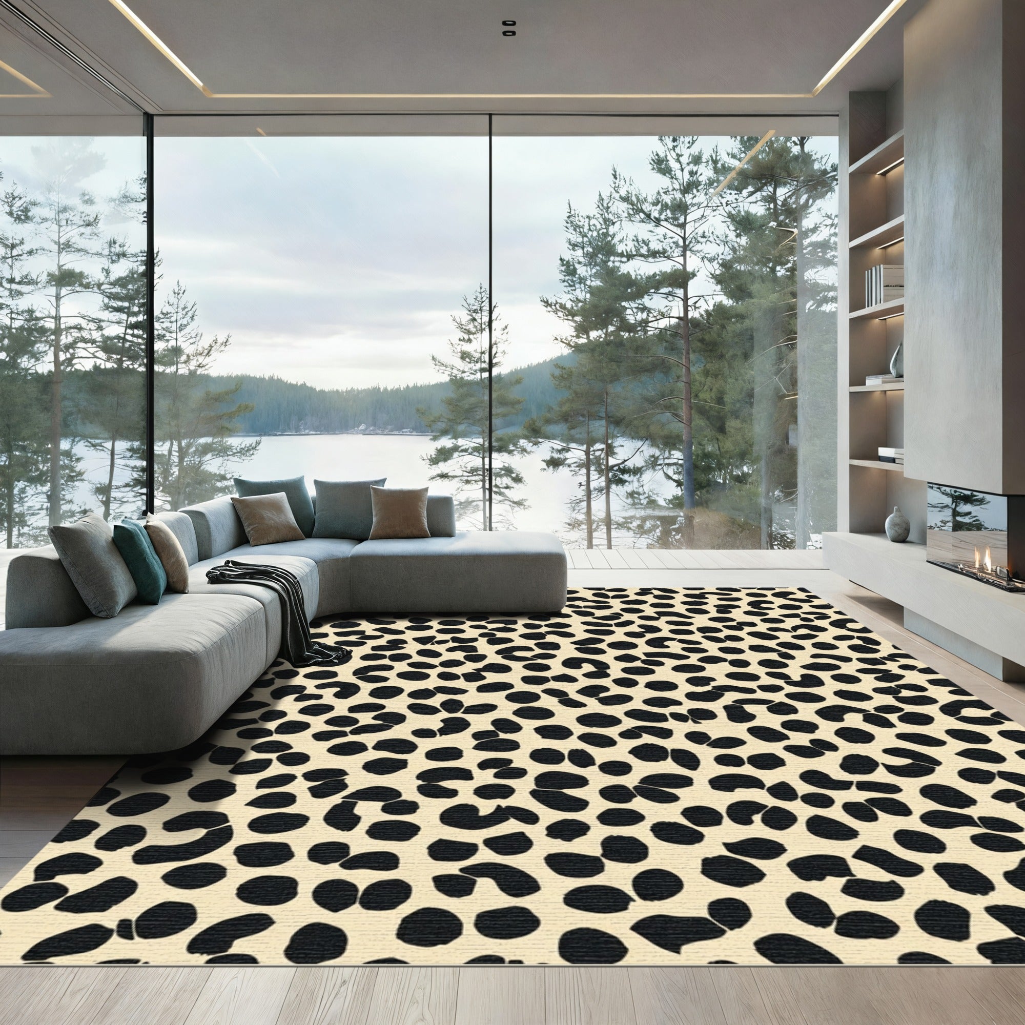 Cream Black Spotted Animal Print Rug