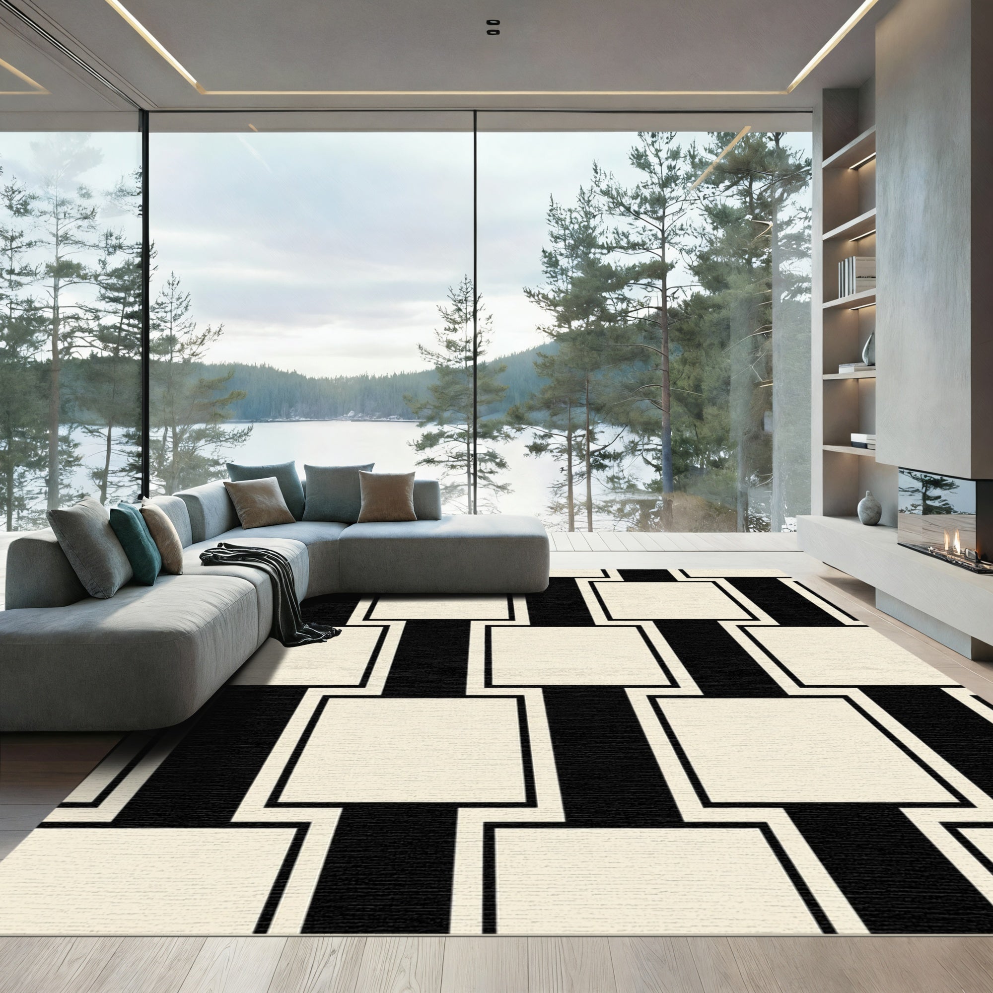 Black Cream Geometric Square Composition Rug