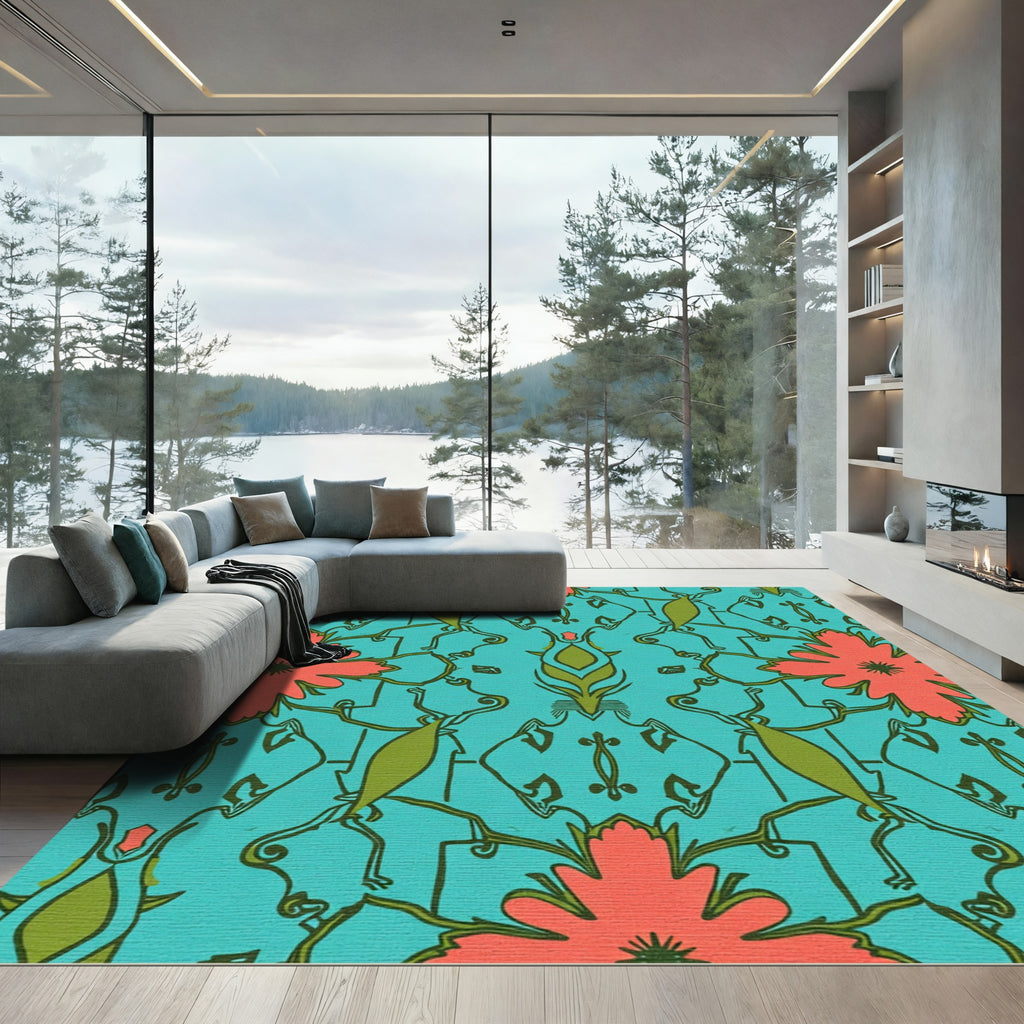 Teal Coral Floral Vine Scroll Rug