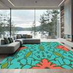 Teal Coral Floral Vine Scroll Rug