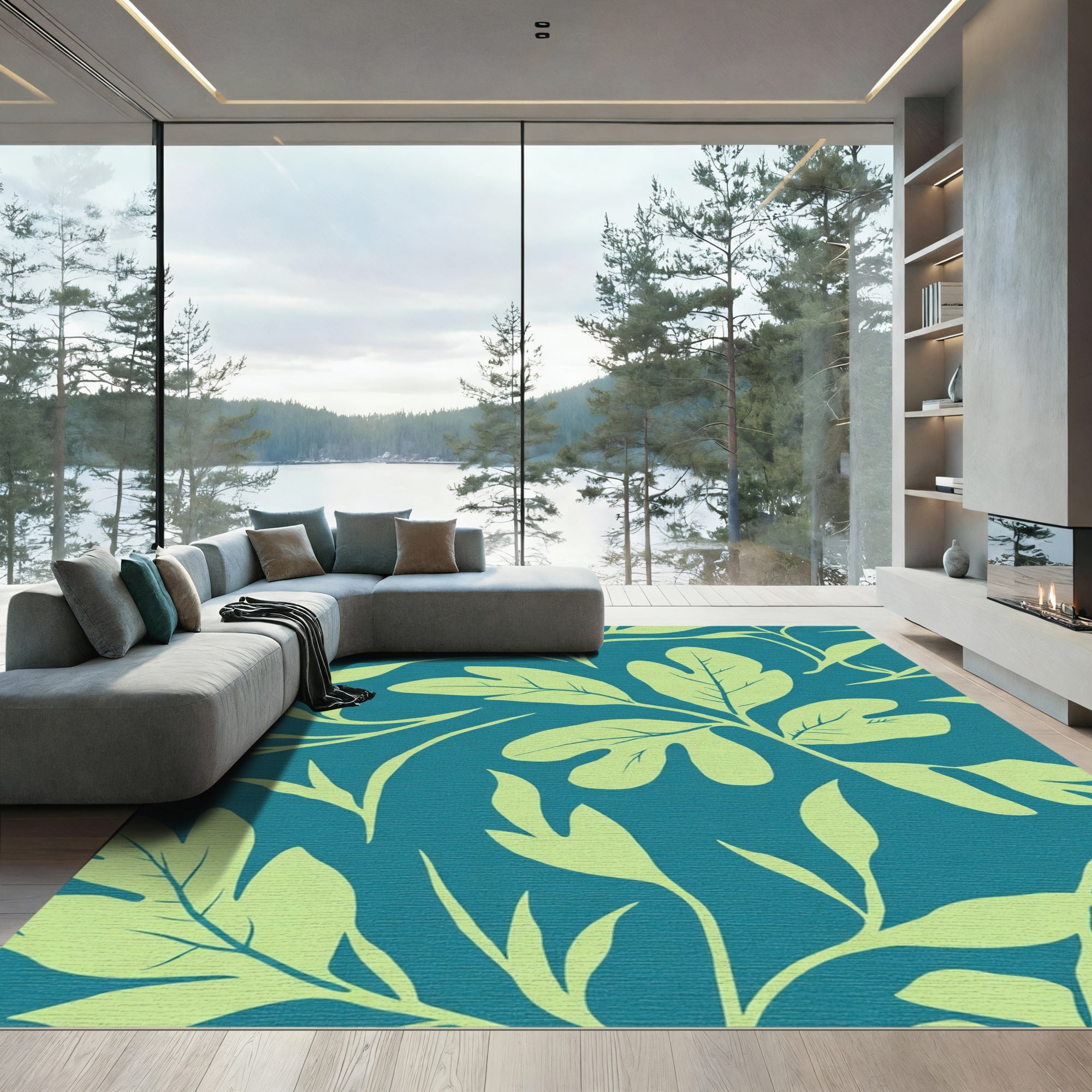 Teal Light Green Leafy Vine Rug