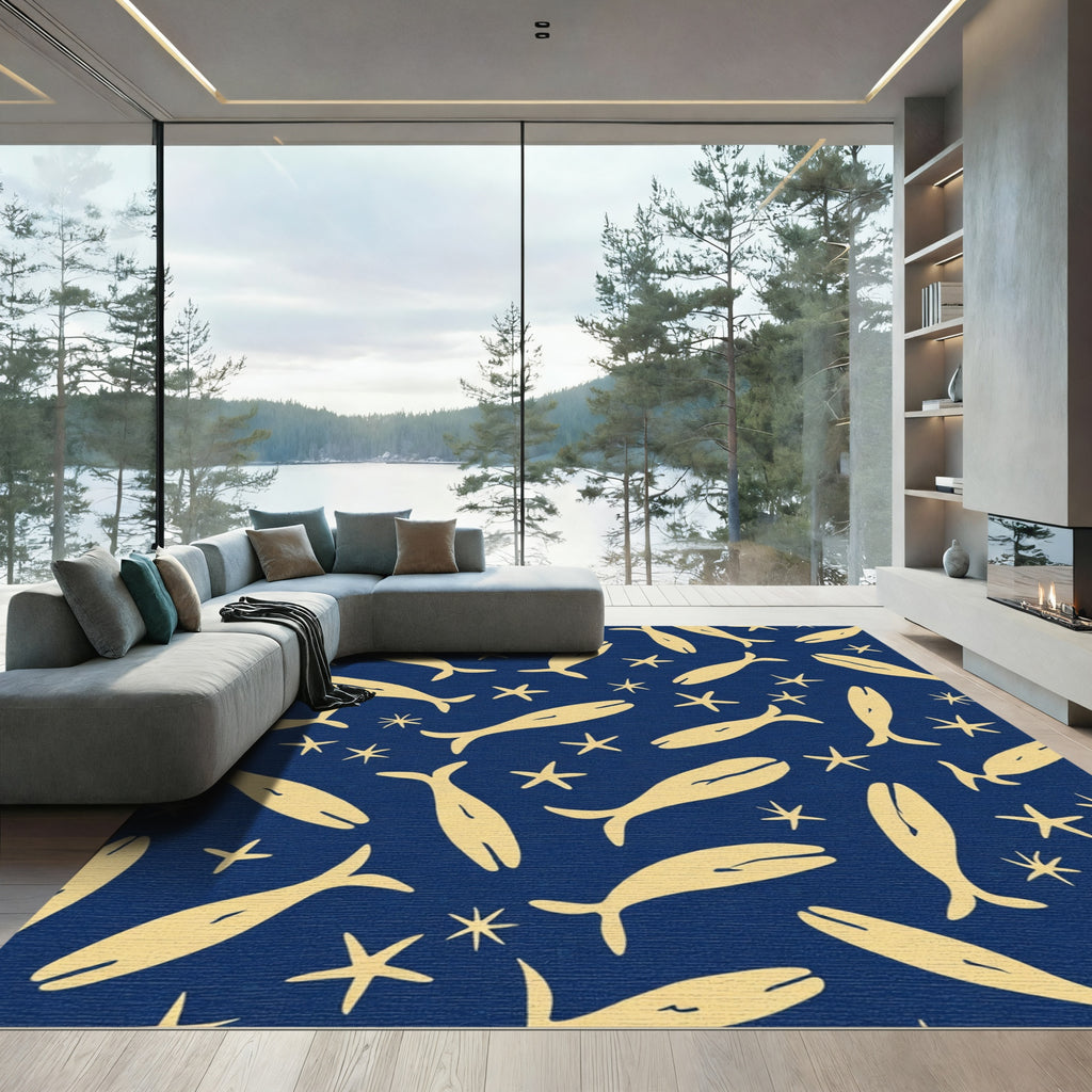 Golden Whales Starfish Navy Ocean Rug