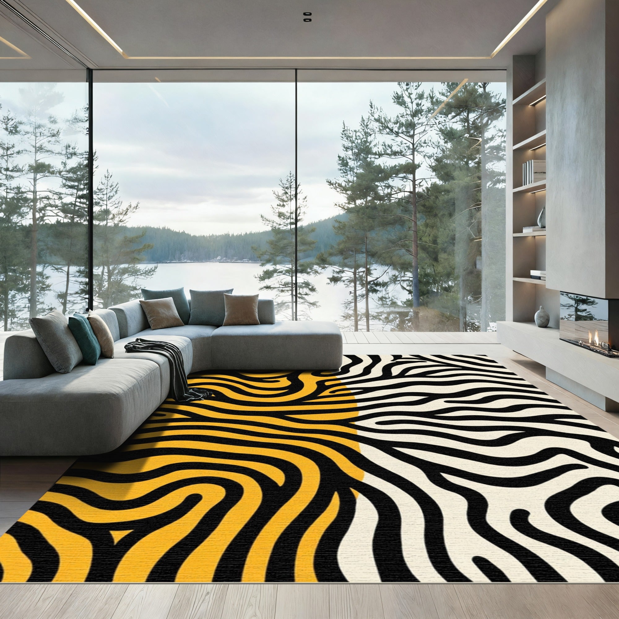 Bold Yellow and Black Wavy Stripes Rug