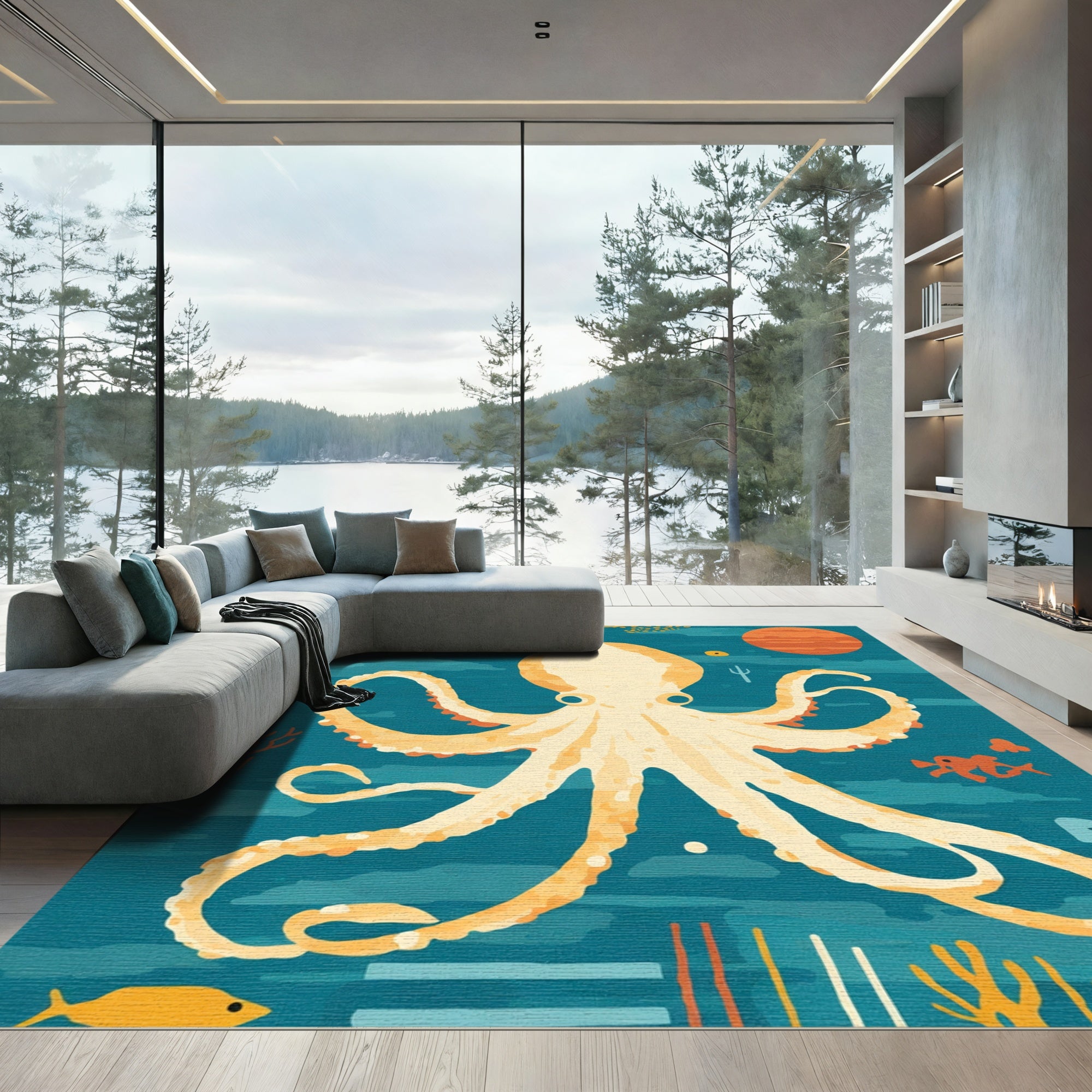 Golden Octopus Ocean Scene Rug