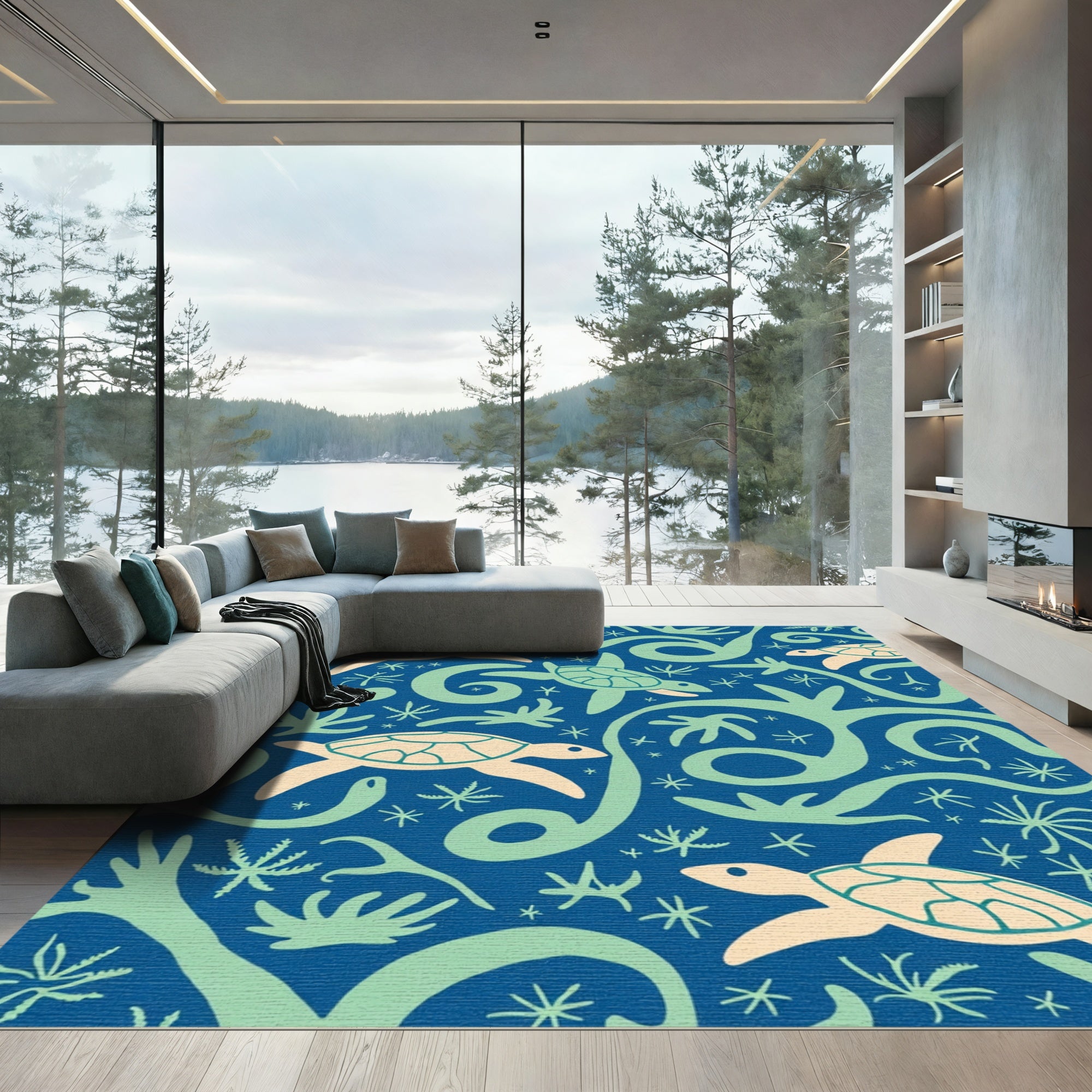 Playful Blue Sea Turtle Aquatic Voyage Rug