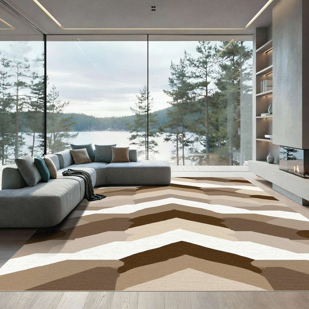 Brown White Layered Chevron Abstraction Rug