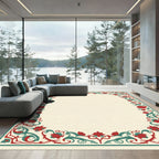 Crimson Teal Floral Vines Border Rug