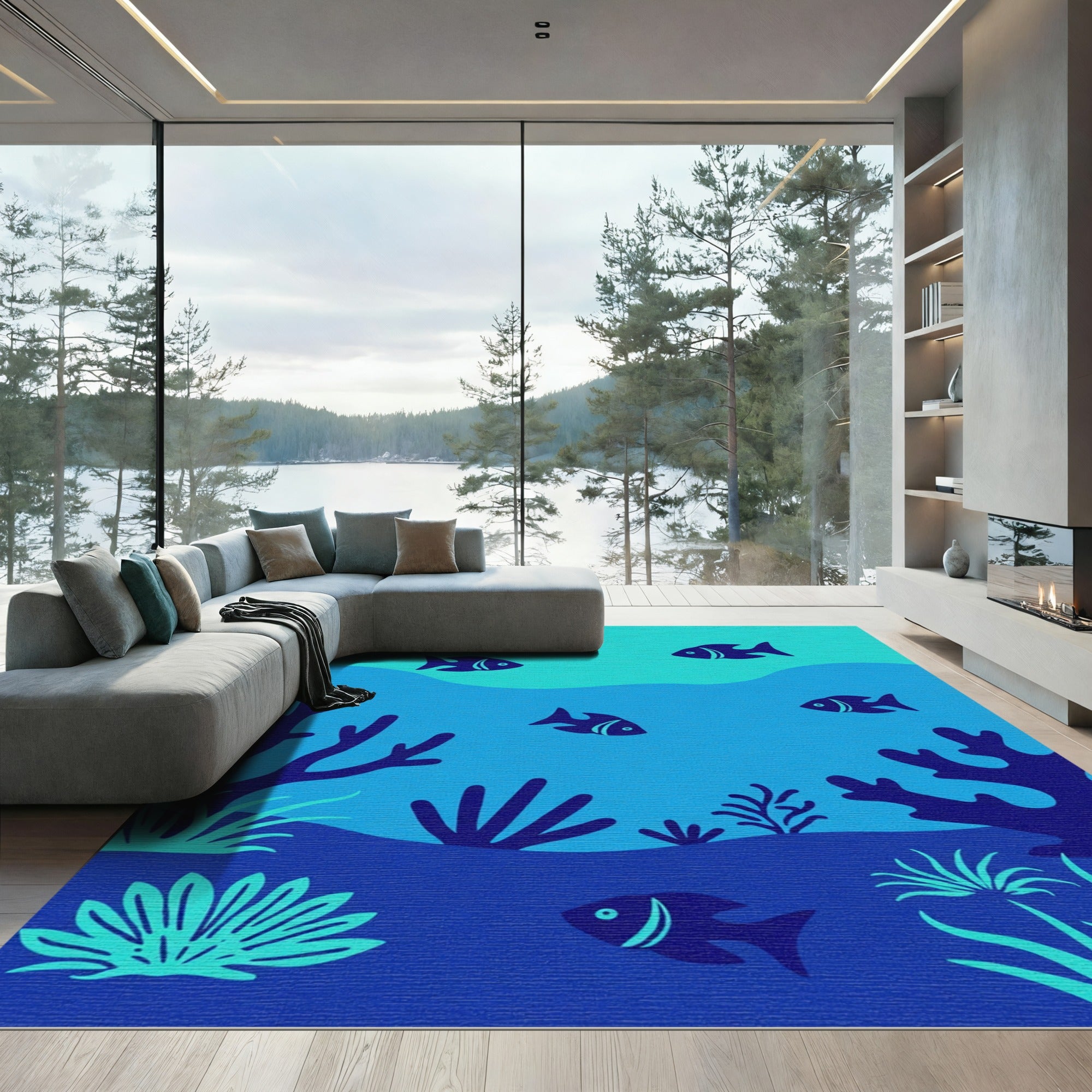 Deep Blue Ocean Coral Fish Scene Rug