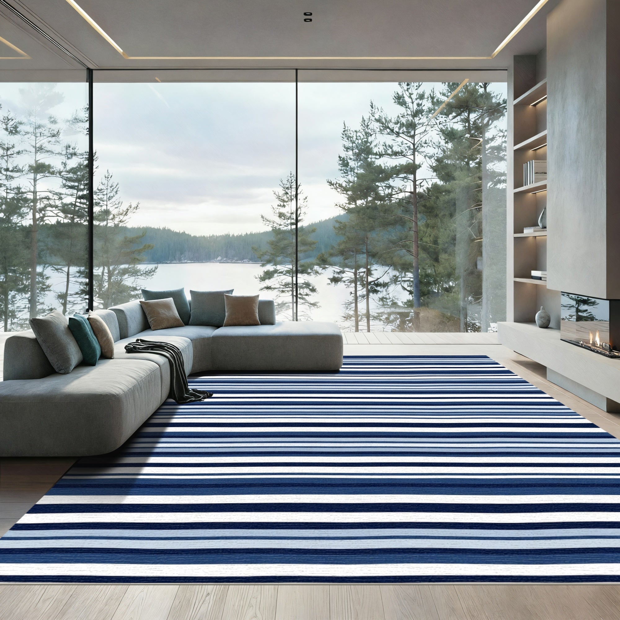 Navy Blue And White Striped Runner Rug