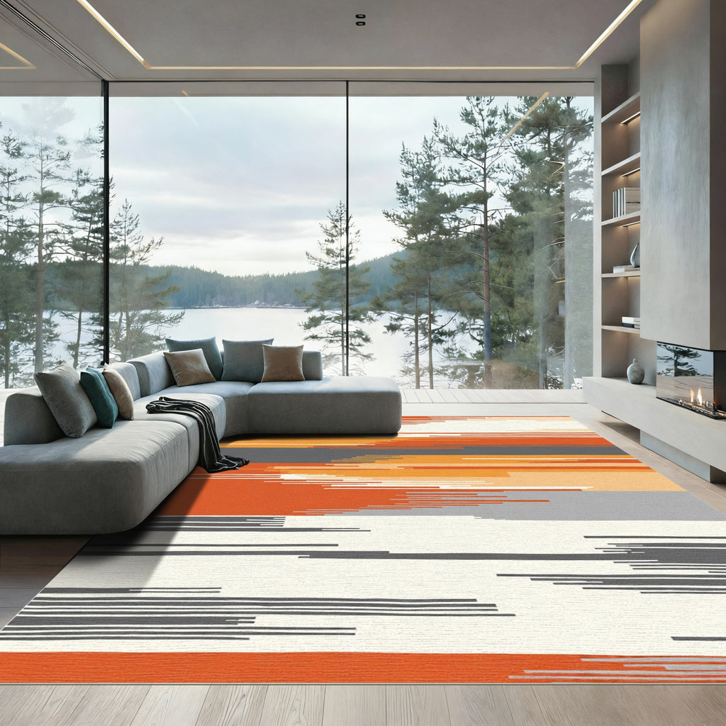 Modern Abstract Orange Gray Stripes Rug