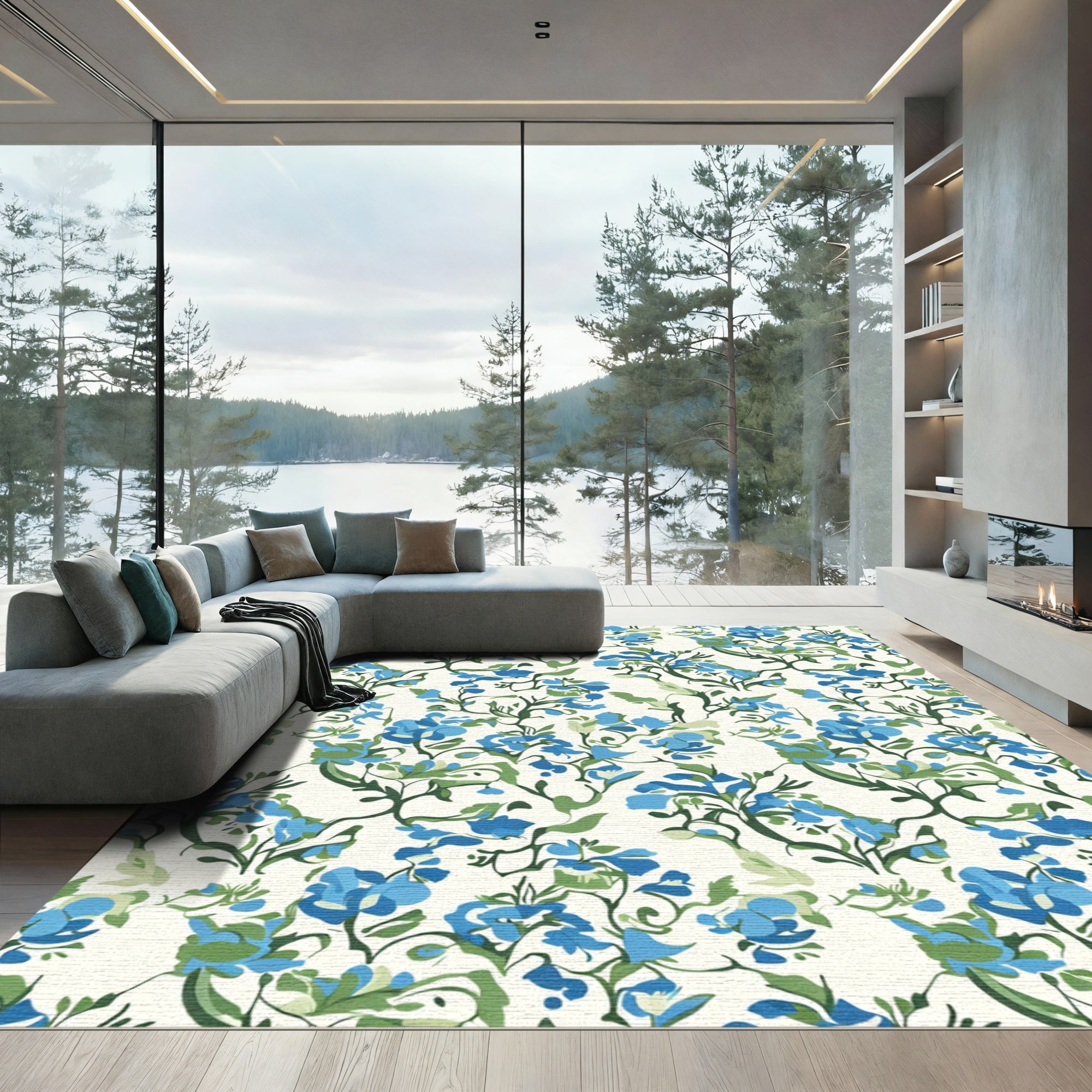 Blue Green Floral Vine Swirl Rug