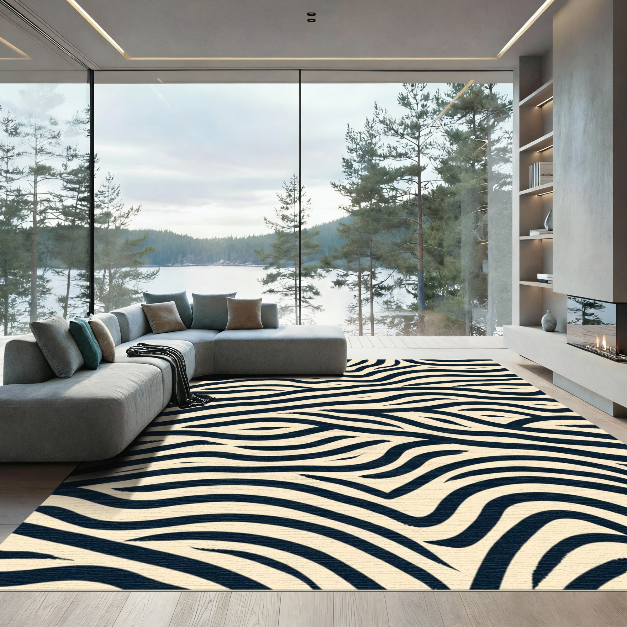 Black Cream Wavy Stripes Rug