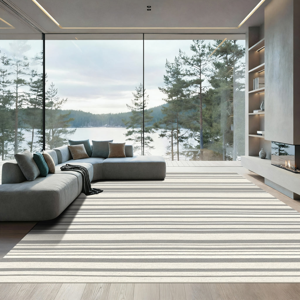 Neutral Gray Cream Horizontal Stripes Rug
