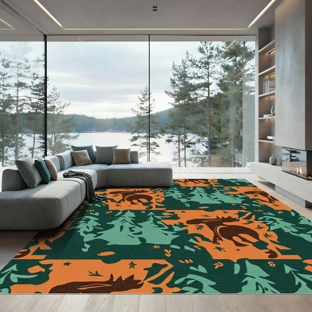 Woodland Moose Forest Trees Orange Rug