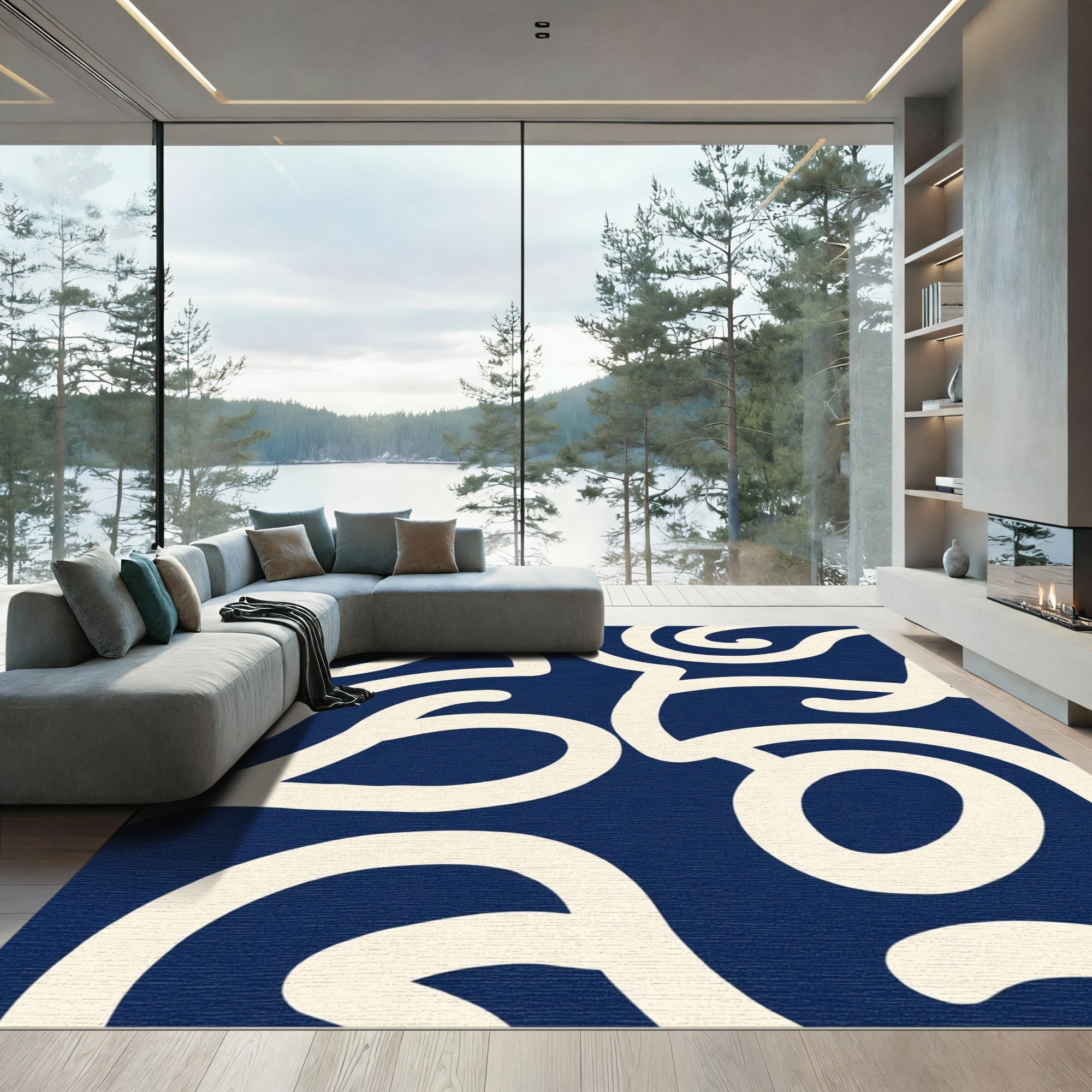 Navy Cream Abstract Swirl Rug