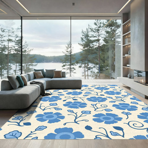 Blue Floral Vines Cream Background Rug