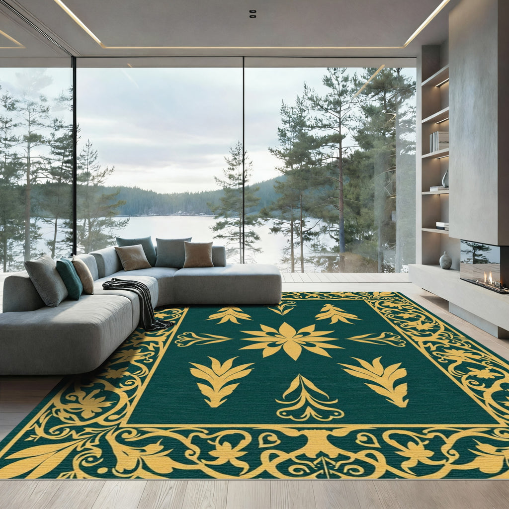 Golden Floral Border on Teal Canvas Rug