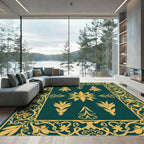 Golden Floral Border on Teal Canvas Rug