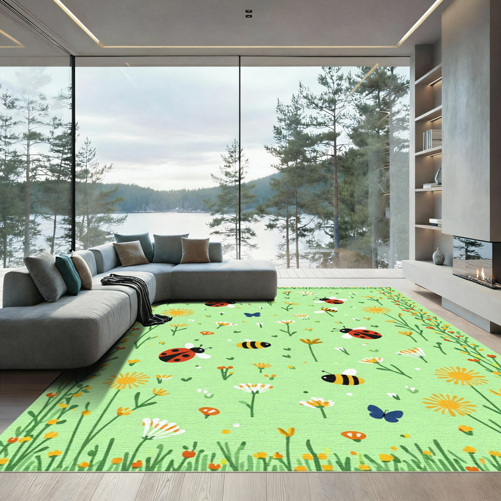 Whimsical Ladybug Bee Garden Meadow Rug