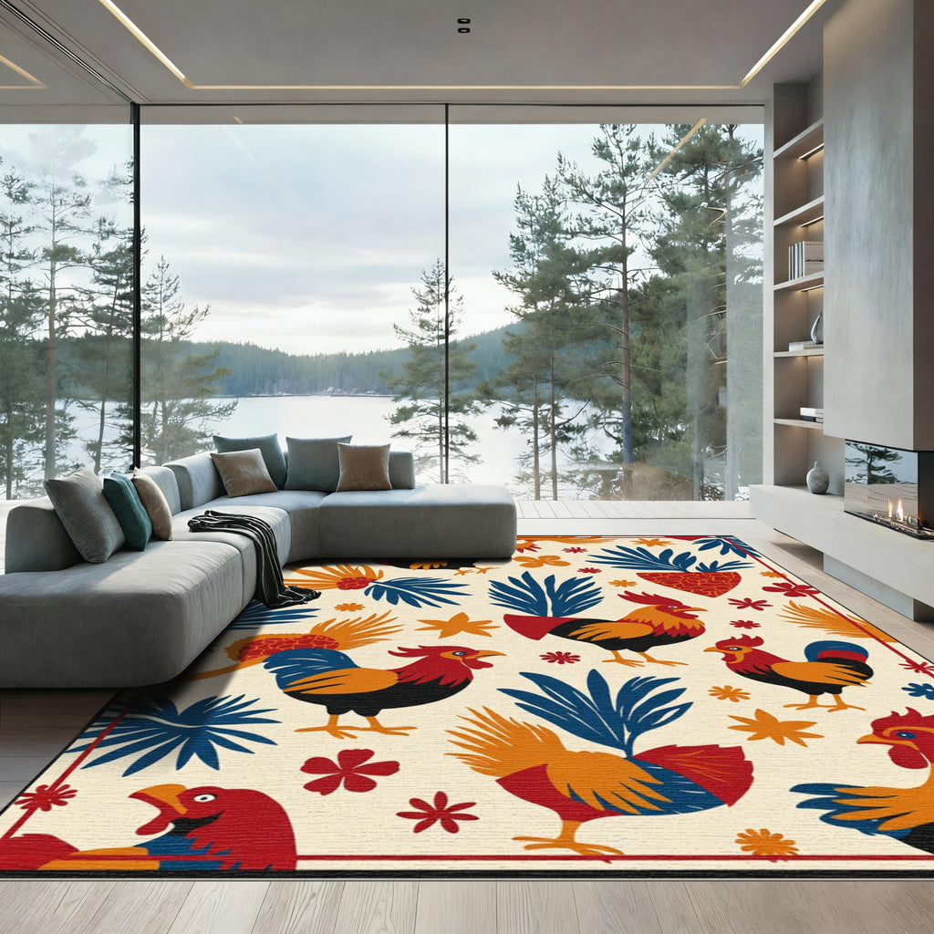 Bold Rooster Red Blue Orange FloralRug Rug