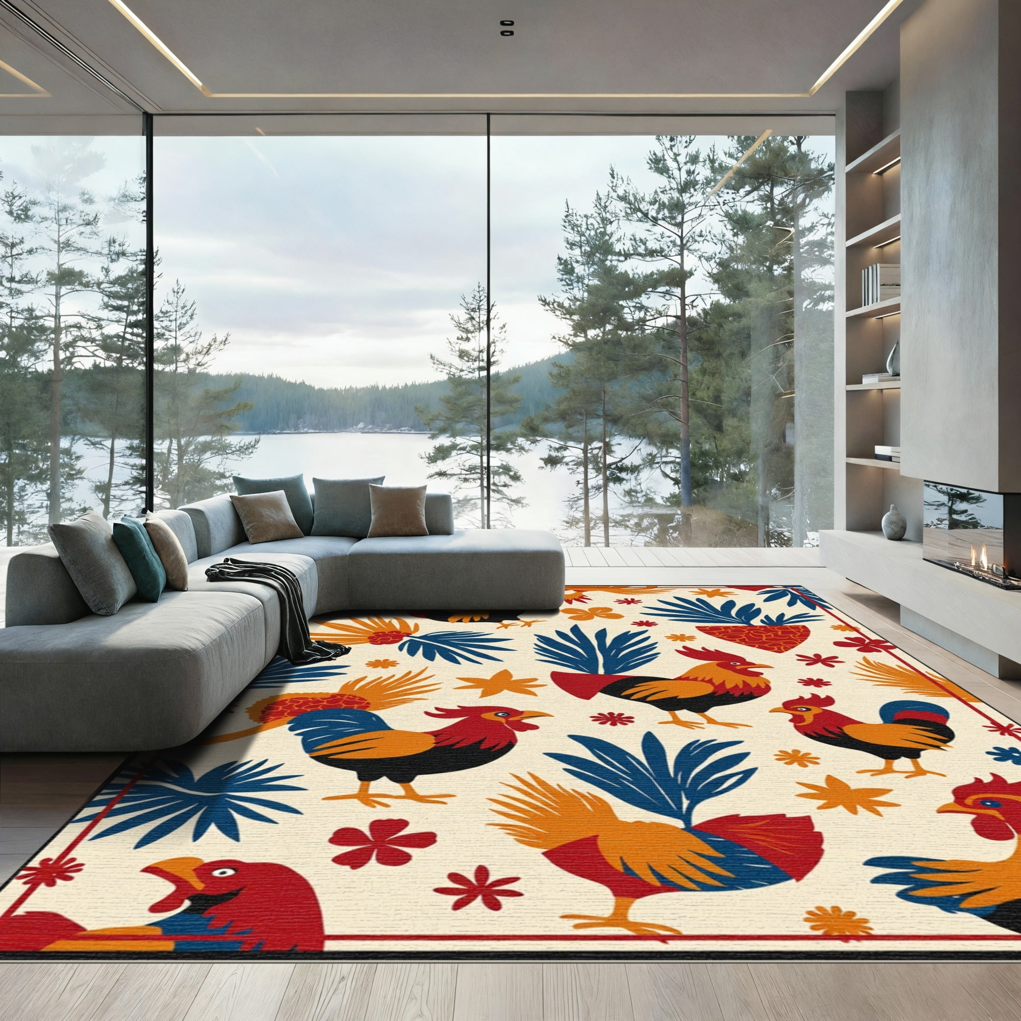 Bold Rooster Red Blue Orange FloralRug Rug