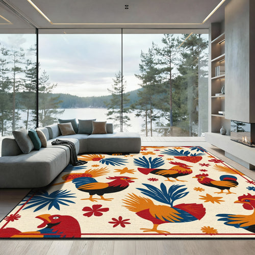 Bold Rooster Red Blue Orange FloralRug Rug