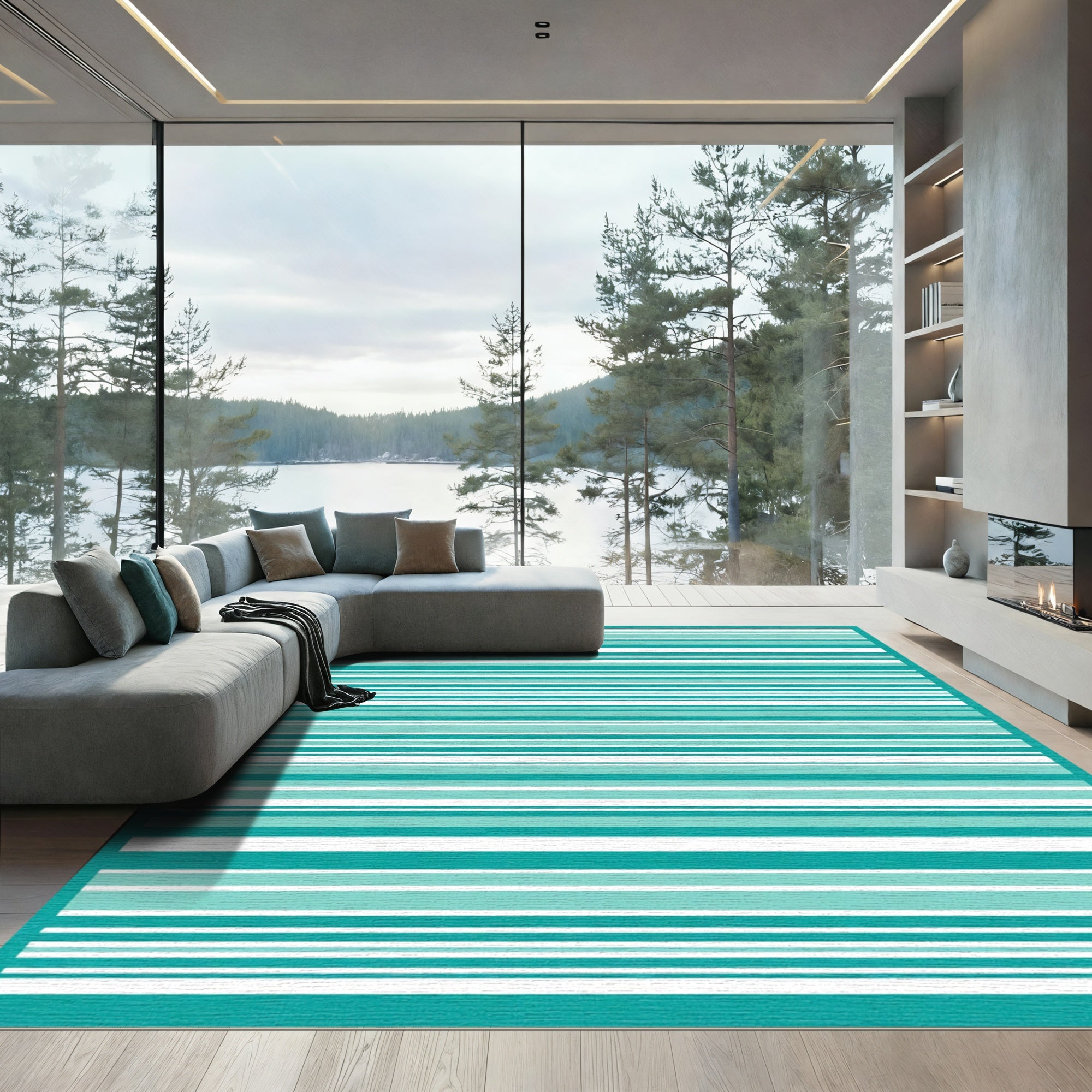 Abstract Aqua Contemporary Stripe Rug